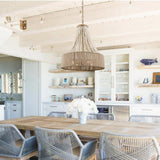 Farmhouse 17.7 in. 4-Light Antique Gold Empire Wood Beaded Chandelier with Jute Rope Shade