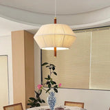 Vintage 3-Light Wood & Copper Pendant with Trapezoidal Linen Shades