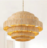 Hand-Woven 7-Tier Rattan Chandelier — 5-Light Boho Statement Fixture with Gold Finish & Large Paper Shade (30.7″ Ø)