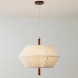 Vintage 3-Light Wood & Copper Pendant with Trapezoidal Linen Shades
