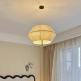 Vintage 3-Light Wood & Copper Pendant with Trapezoidal Linen Shades