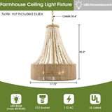 Farmhouse 17.7 in. 4-Light Antique Gold Empire Wood Beaded Chandelier with Jute Rope Shade