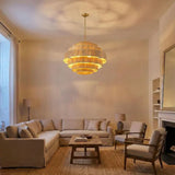 Hand-Woven 7-Tier Rattan Chandelier — 5-Light Boho Statement Fixture with Gold Finish & Large Paper Shade (30.7″ Ø)