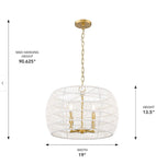 Led Ellie 4-Light Chandelier in Modern Brushed Gold and Bleached White Raphia Rope 19" Wide 4-Light Chandelier