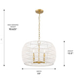 Led Ellie 4-Light Chandelier in Modern Brushed Gold and Bleached White Raphia Rope 19" Wide 4-Light Chandelier