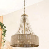 Farmhouse 17.7 in. 4-Light Antique Gold Empire Wood Beaded Chandelier with Jute Rope Shade