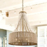 Farmhouse 17.7 in. 4-Light Antique Gold Empire Wood Beaded Chandelier with Jute Rope Shade