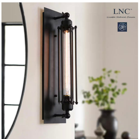 Led Industrial Black Linear Wall Sconce, 1-Light Bathroom Vanity Light with Metal Wire Cage For Dry Areas Hallway